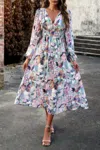 Truedames Boho V Neck A Line High Waist Long Sleeve Dress In Multi