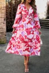Truedames Bohemian V Neck Elastic Waisted Band Midi Dress In Pink