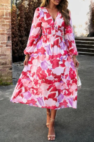 Truedames Boho V Neck A Line High Waist Long Sleeve Dress In Pink