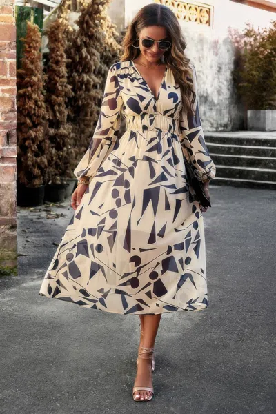 Truedames Boho V Neck A Line High Waist Long Sleeve Dress In Neutral