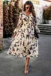 Truedames Boho V Neck A Line High Waist Long Sleeve Dress In Sand