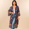 Truedames Boho Vibrant Floral Open Front Long Kimono Poncho In Blue