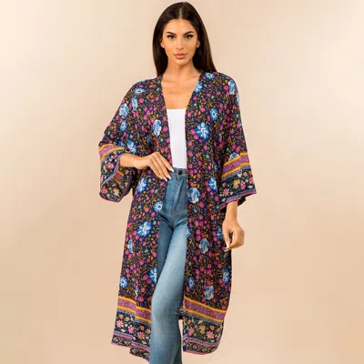 Truedames Boho Vibrant Floral Open Front Long Kimono Poncho In Blue