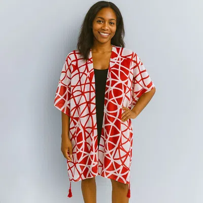 Truedames Bold Geometric Pattern Tassel Detail Open Front Kimono Poncho In Multi