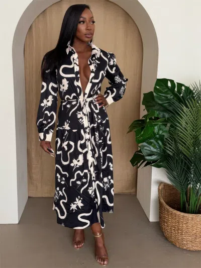 Truedames Botanic Maze Belted Shirt Dress In Black