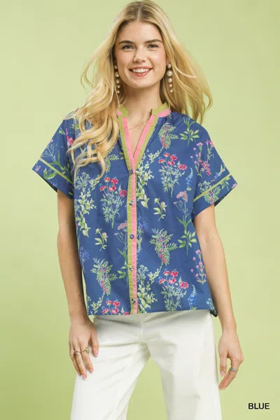 Truedames Botanical Floral Button Front Top In Blue