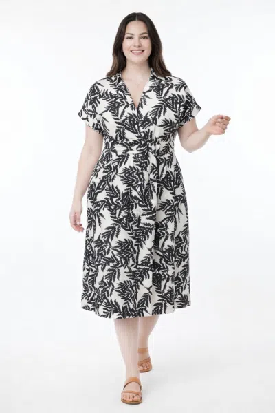 Truedames Botanical Print Collared Wrap Waist Midi Dress In Black