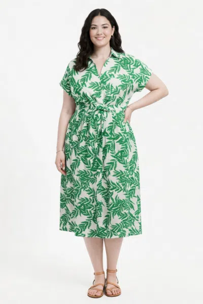 Truedames Botanical Print Collared Wrap Waist Midi Dress In Green