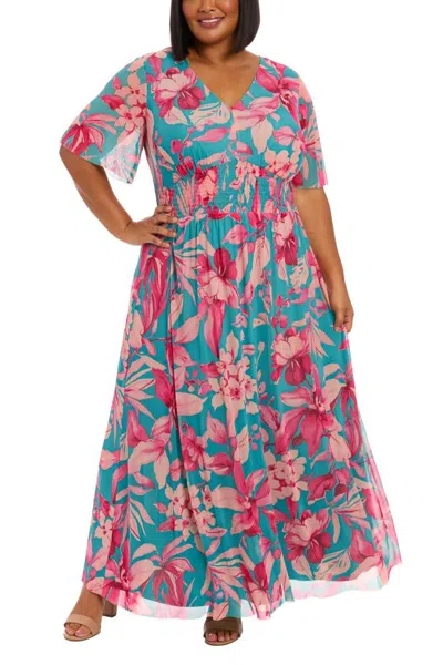 Truedames Botanical Print V-neckline Sheer Flutter Short Sleeves Zipper Closure Smocked Waist A-line Trimmed H In Blue