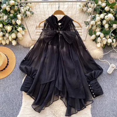Truedames Bow Detail Floral Print Blouse Women Unique Loose-fit Tunic, Slimming Statement Top In Black
