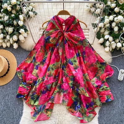 Truedames Bow Detail Floral Print Blouse Women Unique Loose-fit Tunic, Slimming Statement Top In Multi