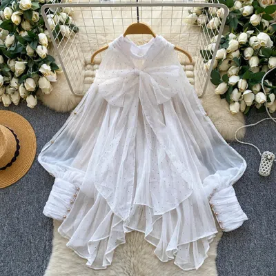 Truedames Bow Detail Floral Print Blouse Women Unique Loose-fit Tunic, Slimming Statement Top In White
