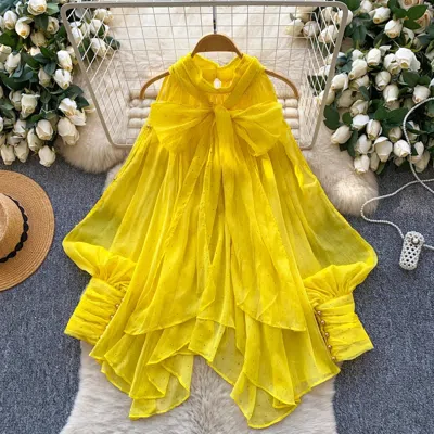 Truedames Bow Detail Floral Print Blouse Women Unique Loose-fit Tunic, Slimming Statement Top In Yellow