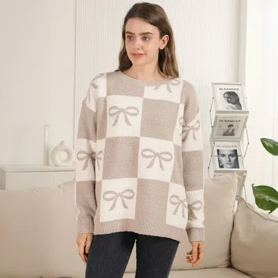 Truedames Bow Grid Pattern Crew Neck Sweater In Multi