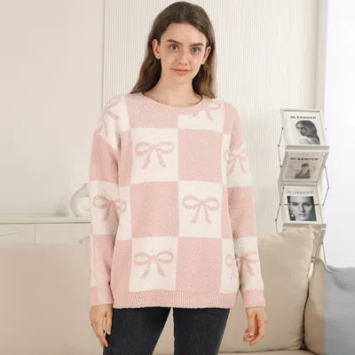 Truedames Bow Grid Pattern Crew Neck Sweater In Pink
