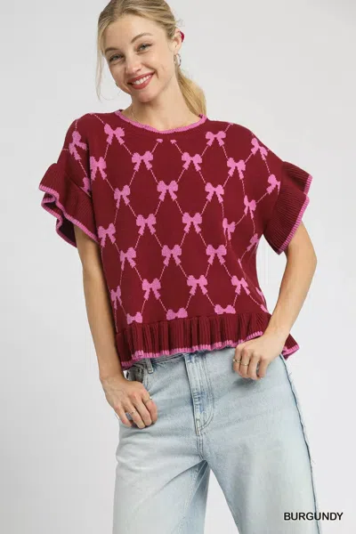 Truedames Bow Knit Ruffle Sleeve Sweater In Burgundy