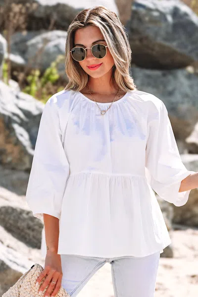 Truedames Bow Knot Cutout Back Loose Fit 3/4 Sleeve Blouse In White