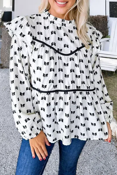 Truedames Bow Knot Print Piping Trim Ruffled Crew Neck Blouse In White