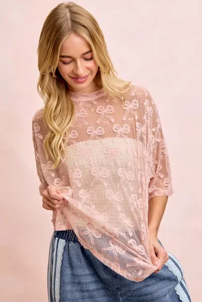 Truedames Bow Pattern Short Sleeves Boxy Mesh Top In Multi