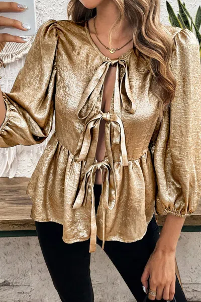 Truedames Bow Tie Front Puff 3/4 Sleeve Ruffle Hem Blouse In Gold
