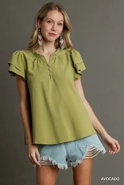 Truedames Boxy Cut Faux Button Ruffle Neckline Top With Short Layered Sleeves In Multi