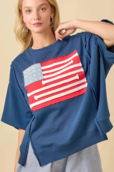 Truedames Boxy Wide Top With American Flag Patchwork In Blue