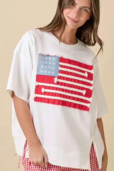 Truedames Boxy Wide Top With American Flag Patchwork In White
