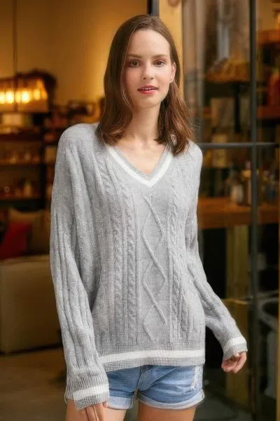 Truedames Braid Knit V Neck Sweater In Gray