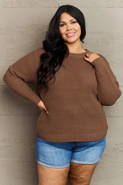 Truedames Breezy Days Plus Size High Low Waffle Knit Sweater In Brown