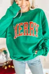 Truedames Bright Green Merry Graphic Pullover Sweatshirt In Green
