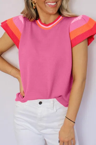 Truedames Bright Pink Contrast Flutter Sleeves Knitted Sweater T Shirt