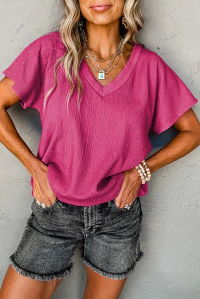 Truedames Bright Pink Crinkled V Neck Wide Sleeve T-shirt