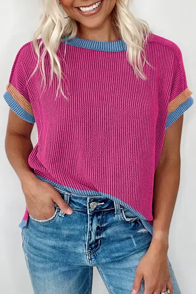 Truedames Bright Pink Textured Contrast Trim Round Neck T Shirt In Brown