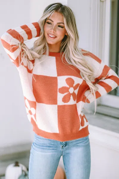 Truedames Brown Checkered Floral Print Striped Sleeve Sweater In Orange