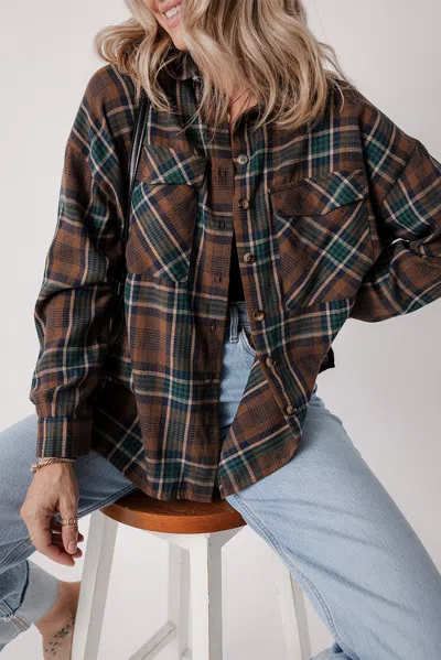 Truedames Brown Plaid Print Chest Pockets Buttoned Shirt Jacket