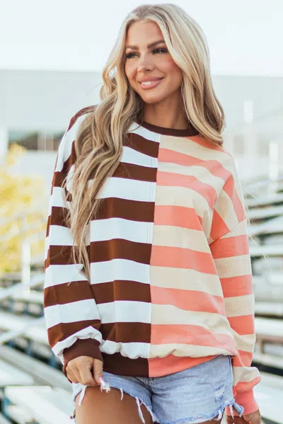 Truedames Brown Stripe Color Block Drop Shoulder Pullover Sweatshirt In Multi