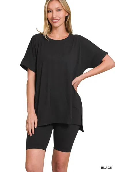 Truedames Brushed Dty Microfiber Round Neck Top And Biker Shorts Set In Black