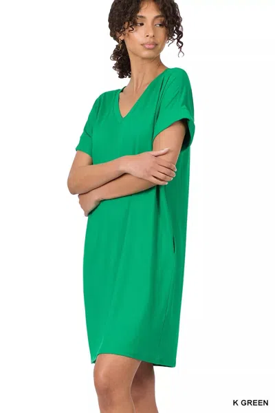 Truedames Brushed Dty Rolled Short Sleeve V-neck Dress In Green