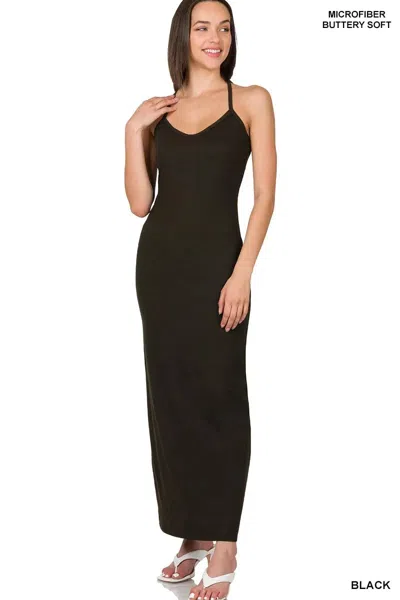 Truedames Brushed Dty Thin Strap Racerback V-neck Maxi Dress In Black