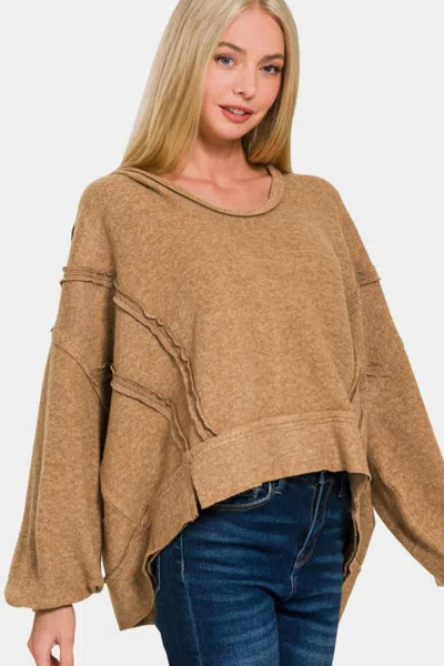 Truedames Brushed Hacci Exposed Seam Hoodie In Brown
