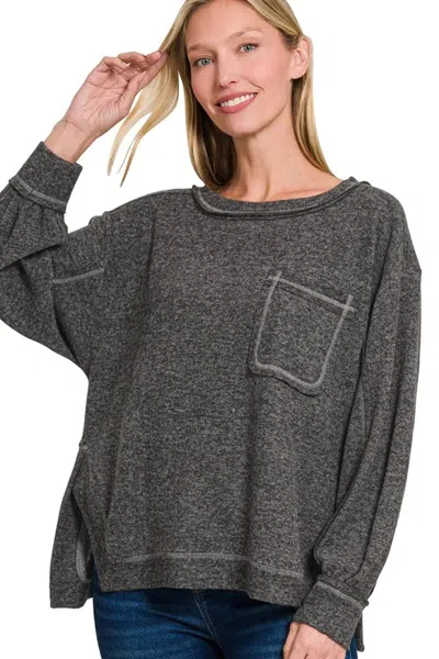 Truedames Brushed Hacci Hi-low Round Neck Knit Top In Black