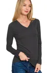 Truedames Brushed Microfiber Long Sleeve V-neck Tee In Black