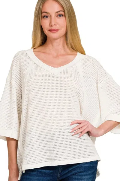 Truedames Brushed Waffle Exposed-seam 3/4 Sleeve Top In White