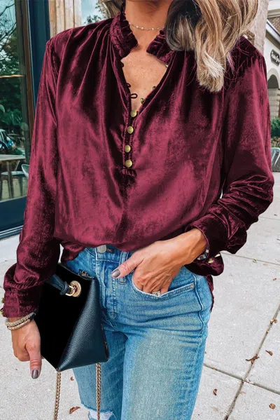 Truedames Burgundy Frilled Neck Buttoned Front Velvet Top In Multi