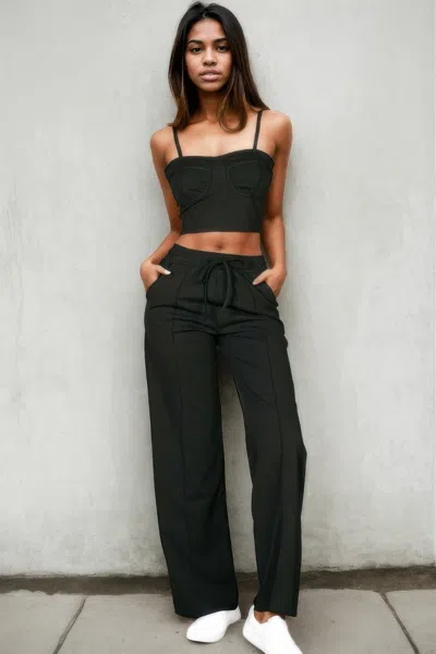 Truedames Bustier Crop Cami Top & Slant Pocket Straight Pants In Black