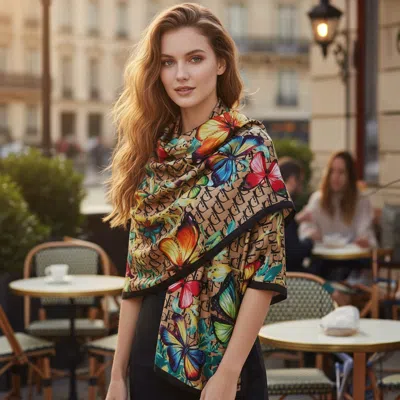 Truedames Butterfly Pattern Printed Oblong Silky Satin Scarf Shawl In Brown