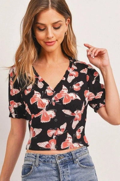 Truedames Butterfly Vneck Crop Smocked Back Waist In Multi
