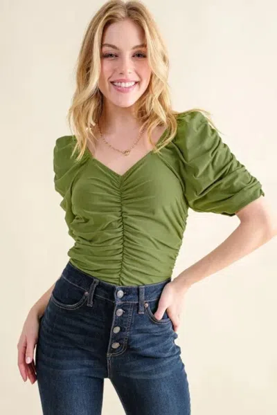 Truedames Buttery Soft Ruched Detailed Jersey Bodysuit In Green