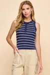 Truedames Button Detail Contrast Binding Stripe Tank Top In Blue