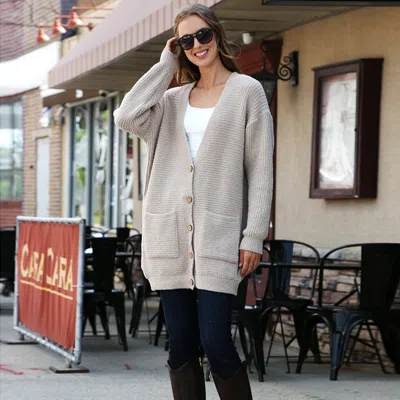 Truedames Button Detailed Front Pockets V Neck Cardigan In Neutral